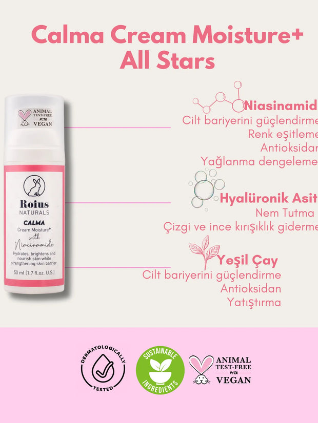 Roius Naturals Calma Cream Moisture+ Niasinamidli ve Hyalüronik Asitli Nemlendirici Özellikleri