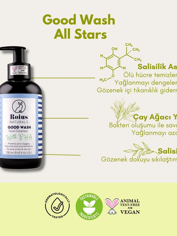 Roius Naturals Good Wash Salisilik Asitli Vegan Yüz Temizleme Jeli Özellikleri